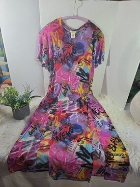 NYC Y2K Multicolor Graffiti Print Sheer Mesh Streetwear Style Maxi Dress Size L